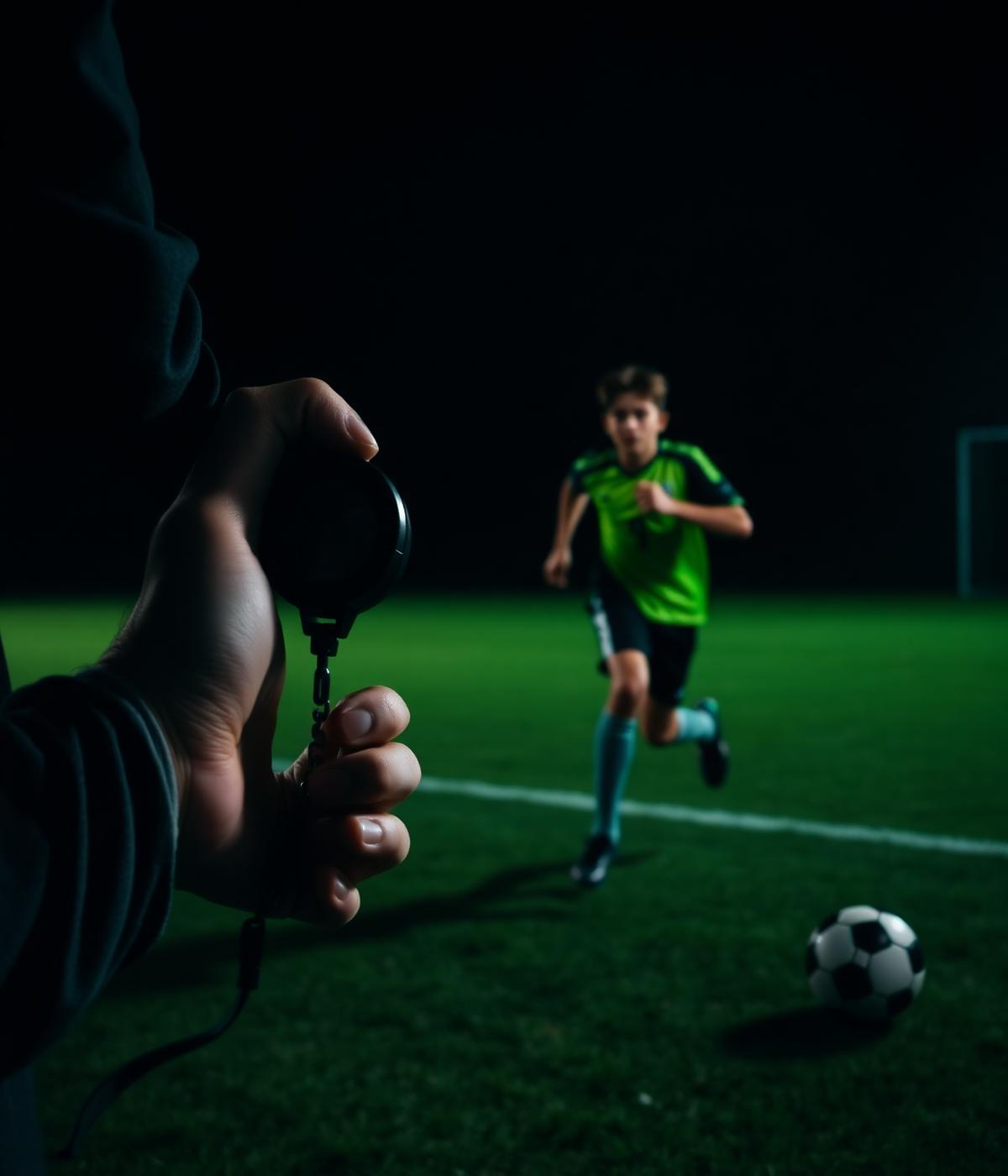 Coach timing a young athlete with a stopwatch on a floodlit pitch