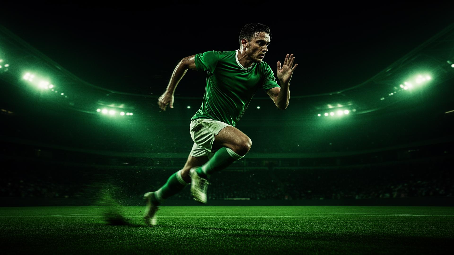 Footballer sprinting at full speed under floodlights