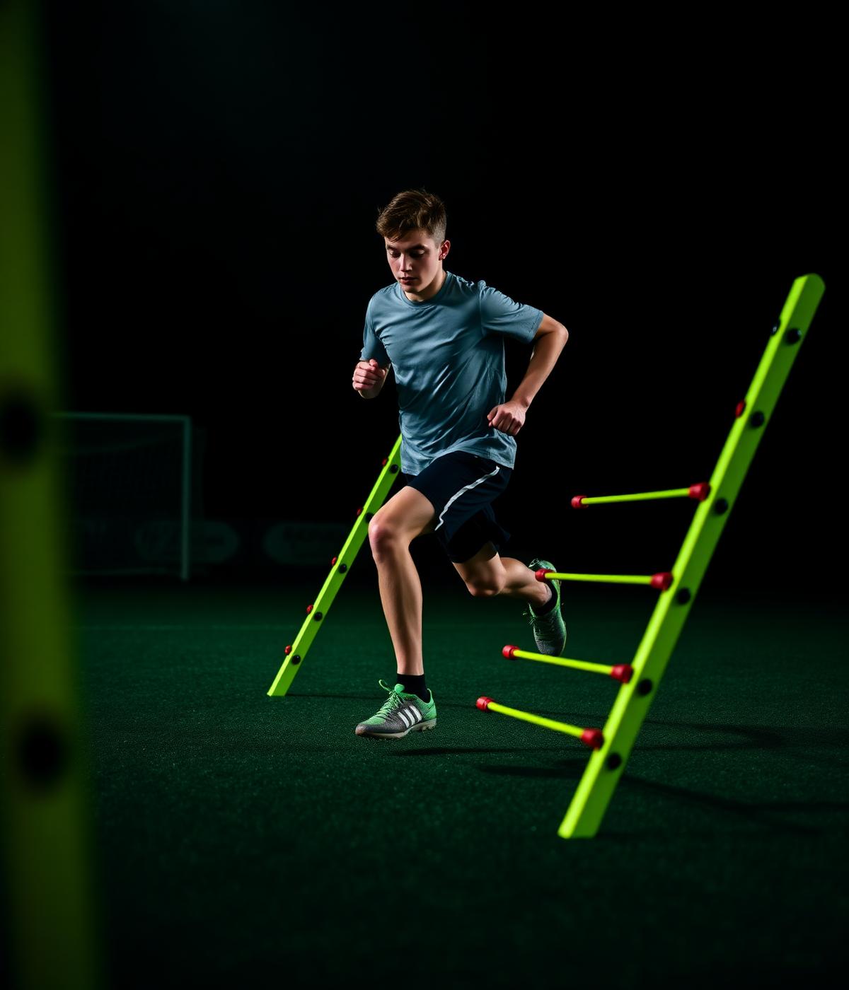 Young athlete performing speed agility ladder drills